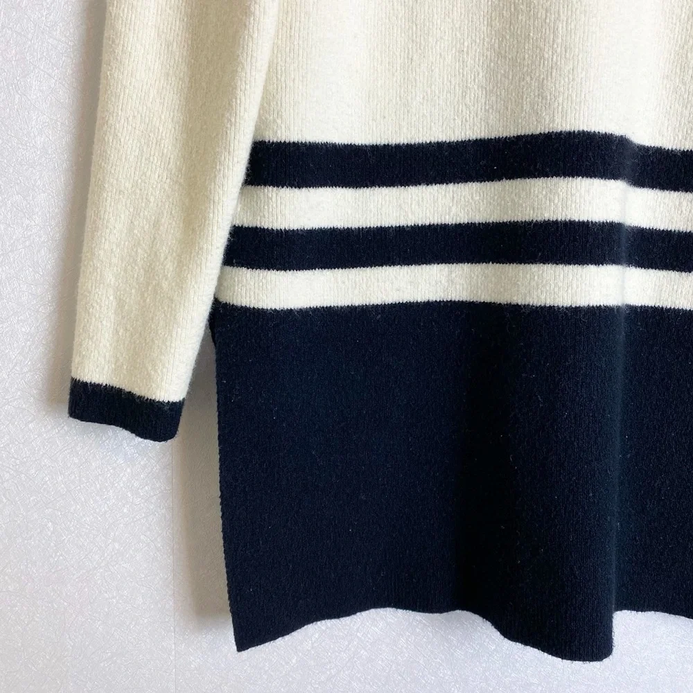 Anthro Angel of the North Varsity Cream Navy Wool Cotton Blend Stripe Cardigan